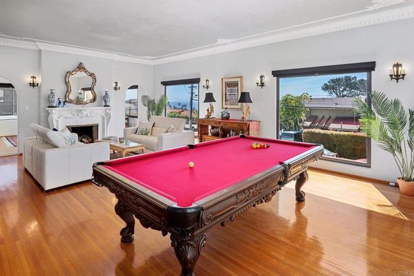 Billiard Table, Fireplace, Game Room, Interior, Living room, Wood Texture Flooring