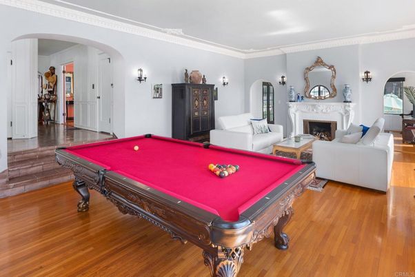 Billiard Table, Fireplace, Game Room, Interior, Living room, Wood Texture Flooring