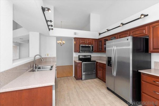 Chandelier, Interior, Kitchen, Stainless Steel Appliances, Wood Texture Flooring