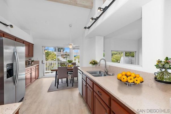 Dining room, Interior, Kitchen, Pendant Lights, Stainless Steel Appliances, Wooden Beams, Wood Texture Flooring