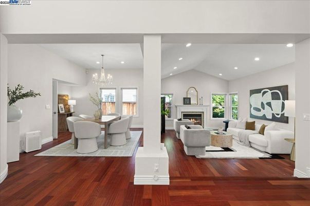 Chandelier, Dining room, Fireplace, Interior, Living room, Recessed Lighting, Wood Texture Flooring