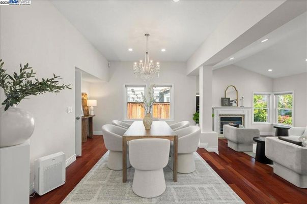 Chandelier, Dining room, Fireplace, Interior, Living room, Recessed Lighting, Wood Texture Flooring