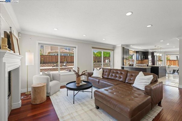 Fireplace, Interior, Kitchen, Living room, Pendant Lights, Recessed Lighting, Wood Texture Flooring