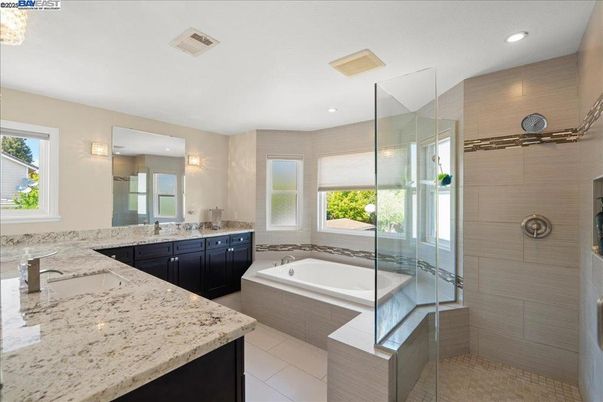 Bathroom, Dual Sink Vanities, Glass Shower, Interior, Recessed Lighting