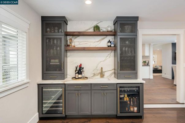 Interior, Kitchen, Marble Walls, Recessed Lighting, Wood Texture Flooring