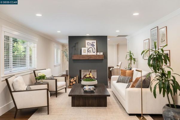 Fireplace, Interior, Living room, Recessed Lighting, Wood Texture Flooring