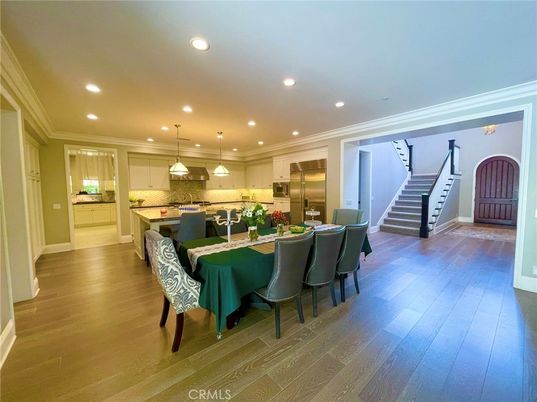 Dining room, Interior, Kitchen, Pendant Lights, Recessed Lighting, Stainless Steel Appliances, Wood Texture Flooring