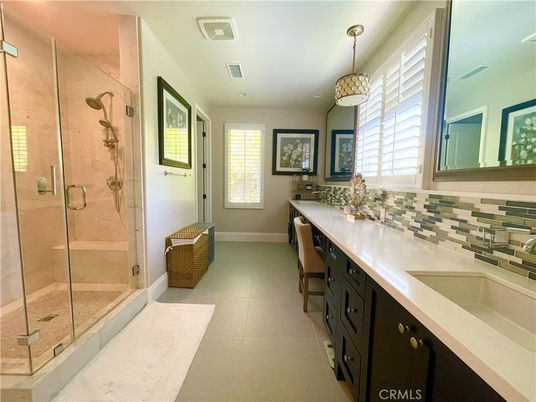 Bathroom, Dual Sink Vanities, Glass Shower, Interior, Pendant Lights, Recessed Lighting