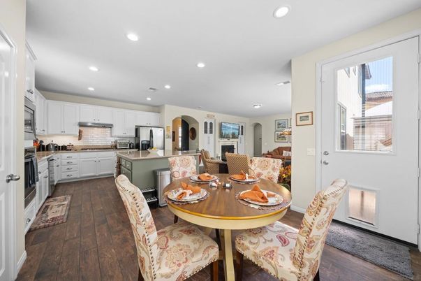 Dining room, Interior, Kitchen, Recessed Lighting, Stainless Steel Appliances, Wood Texture Flooring
