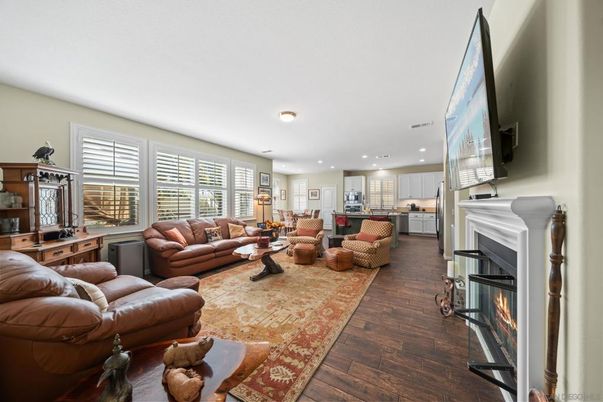 Fireplace, Interior, Kitchen, Living room, Recessed Lighting, Wood Texture Flooring