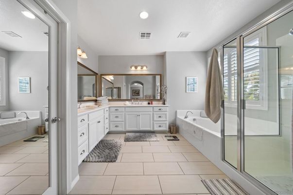 Bathroom, Dual Sink Vanities, Glass Shower, Interior, Recessed Lighting