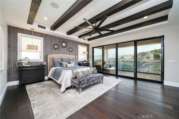 Bedroom, Interior, Pendant Lights, Recessed Lighting, Wooden Beams, Wood Texture Flooring