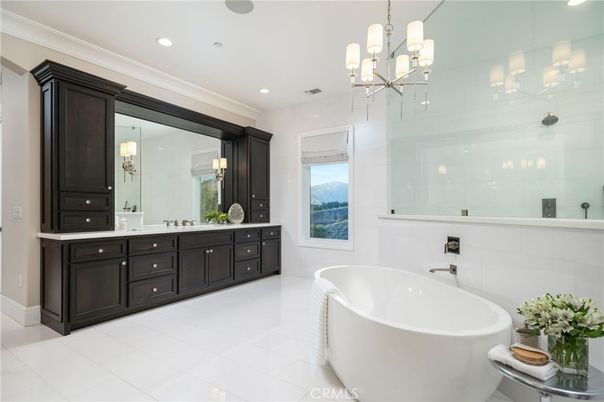 Bathroom, Dual Sink Vanities, Free Standing Baths, Glass Shower, Interior, Pendant Lights, Recessed Lighting
