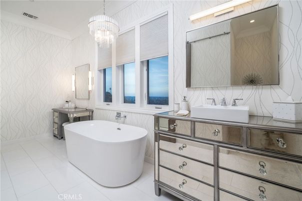 Bathroom, Chandelier, Dual Sink Vanities, Free Standing Baths, Interior, Recessed Lighting