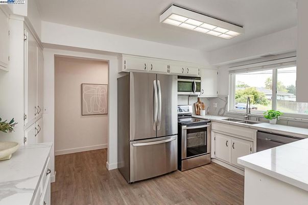 Interior, Kitchen, Stainless Steel Appliances, Wood Texture Flooring