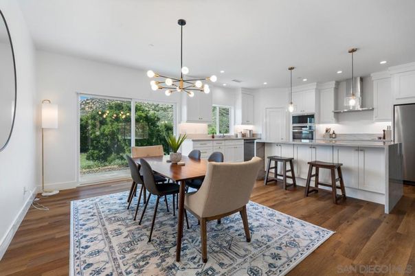 Dining room, Interior, Kitchen, Pendant Lights, Recessed Lighting, Stainless Steel Appliances, Wood Texture Flooring