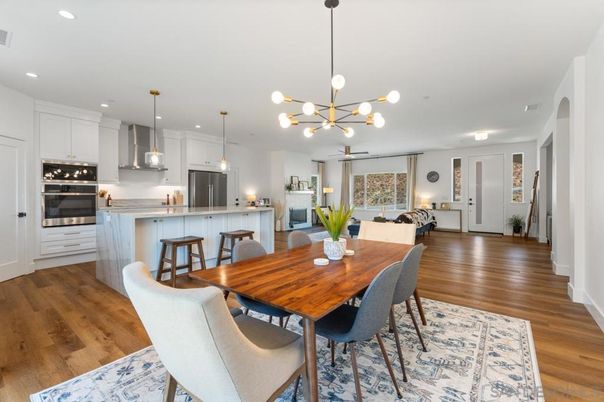 Dining room, Interior, Pendant Lights, Recessed Lighting, Wood Texture Flooring