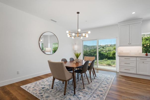 Dining room, Interior, Pendant Lights, Recessed Lighting, Wood Texture Flooring
