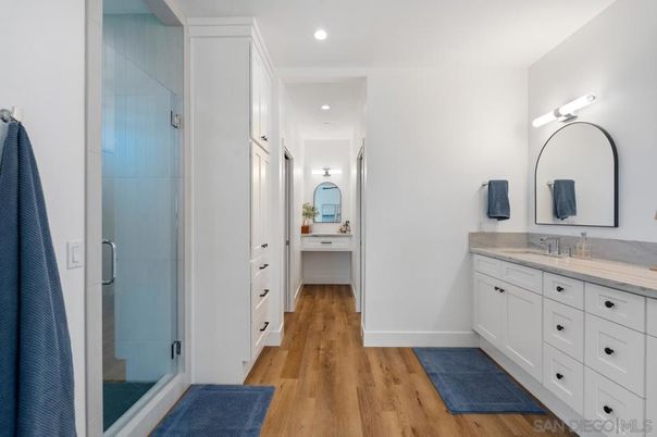 Bathroom, Dual Sink Vanities, Interior, Recessed Lighting, Wood Texture Flooring