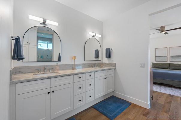 Bathroom, Glass Shower, Interior, Recessed Lighting, Wood Texture Flooring