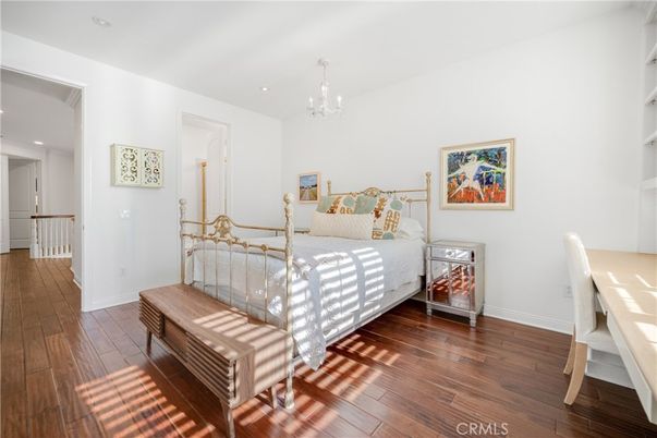 Bedroom, Chandelier, Interior, Recessed Lighting, Wood Texture Flooring