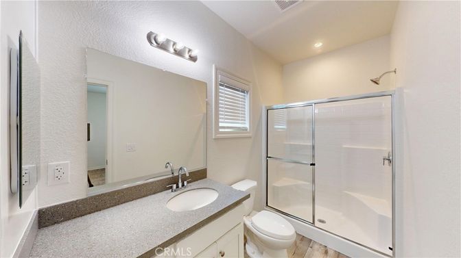 Bathroom, Glass Shower, Interior, Recessed Lighting, Wood Texture Flooring