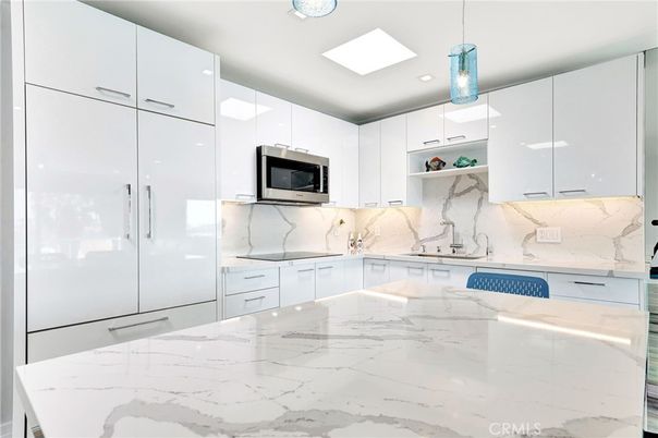 Interior, Kitchen, Marble Walls, Pendant Lights, Recessed Lighting
