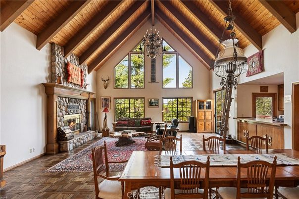 Chandelier, Dining room, Fireplace, Interior, Living room, Pendant Lights, Wooden Beams, Wooden Ceilings, Wood Texture Flooring