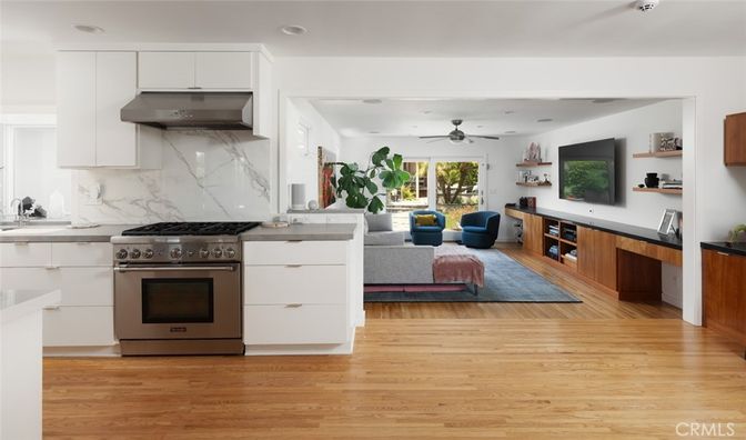 Interior, Kitchen, Living room, Marble Walls, Recessed Lighting, Stainless Steel Appliances, Wood Texture Flooring