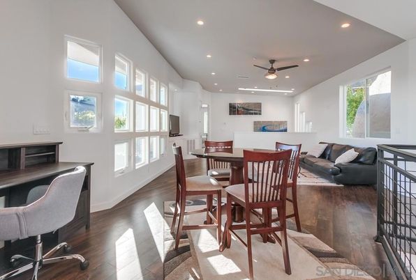 Dining room, Interior, Living room, Recessed Lighting, Wood Texture Flooring