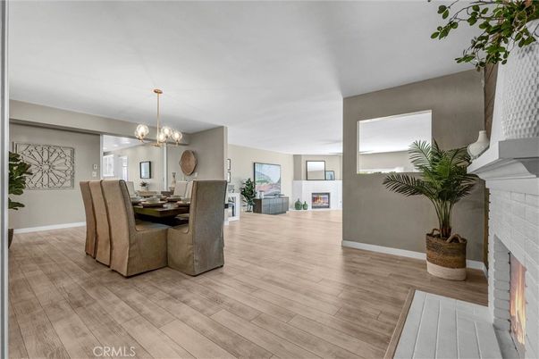 Dining room, Fireplace, Interior, Pendant Lights, Wood Texture Flooring