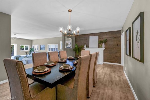 Dining room, Fireplace, Interior, Pendant Lights, Wood Texture Flooring, Wooden Walls