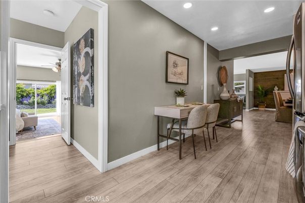 Dining room, Interior, Recessed Lighting, Wood Texture Flooring