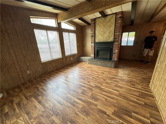 Empty room, Fireplace, Interior, Wooden Beams, Wood Texture Flooring, Wooden Walls