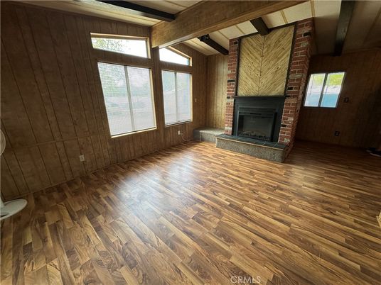Empty room, Fireplace, Interior, Stone Walls, Wooden Beams, Wood Texture Flooring, Wooden Walls