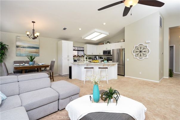 Chandelier, Dining room, Interior, Kitchen, Living room, Recessed Lighting, Stainless Steel Appliances