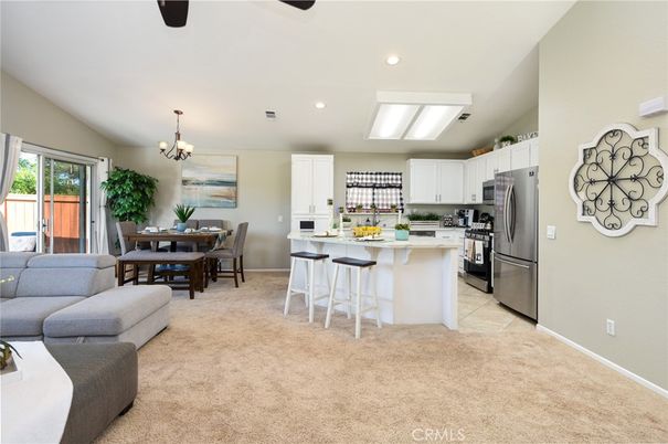 Chandelier, Dining room, Interior, Kitchen, Living room, Recessed Lighting, Stainless Steel Appliances