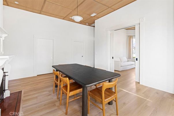 Dining room, Fireplace, Interior, Pendant Lights, Wooden Ceilings, Wood Texture Flooring