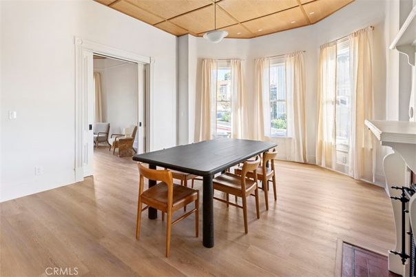 Dining room, Fireplace, Interior, Pendant Lights, Wooden Ceilings, Wood Texture Flooring