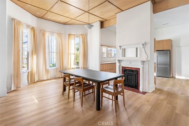 Dining room, Fireplace, Interior, Pendant Lights, Recessed Lighting, Wooden Ceilings, Wood Texture Flooring