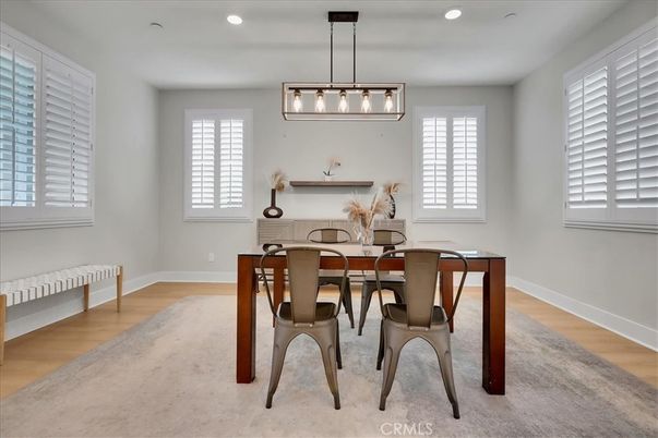 Dining room, Interior, Pendant Lights, Recessed Lighting, Wood Texture Flooring