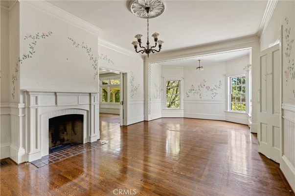 Chandelier, Empty room, Fireplace, Interior, Wood Texture Flooring