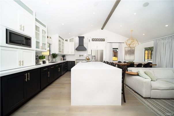 Dining room, Interior, Kitchen, Pendant Lights, Recessed Lighting, Stainless Steel Appliances, Wooden Beams, Wood Texture Flooring