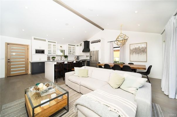 Dining room, Interior, Kitchen, Living room, Pendant Lights, Recessed Lighting, Stainless Steel Appliances, Wood Texture Flooring