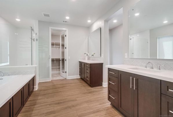 Bathroom, Dual Sink Vanities, Glass Shower, Interior, Recessed Lighting, Walk-in Closets, Wood Texture Flooring
