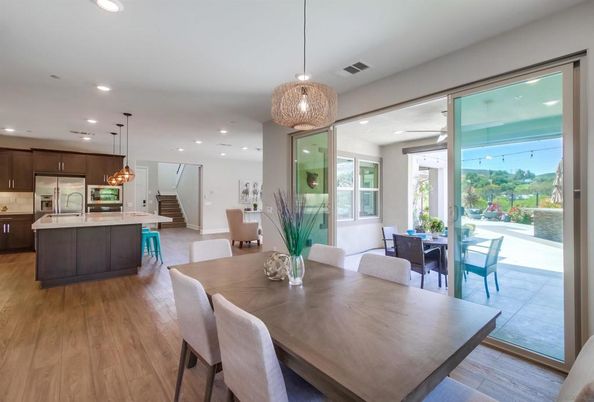 Dining room, Interior, Kitchen, Pendant Lights, Recessed Lighting, Wood Texture Flooring