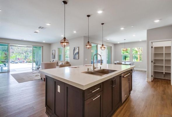 Dining room, Interior, Kitchen, Pendant Lights, Recessed Lighting, Wood Texture Flooring