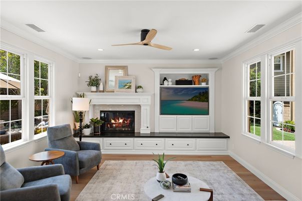 Fireplace, Interior, Living room, Recessed Lighting, Wood Texture Flooring