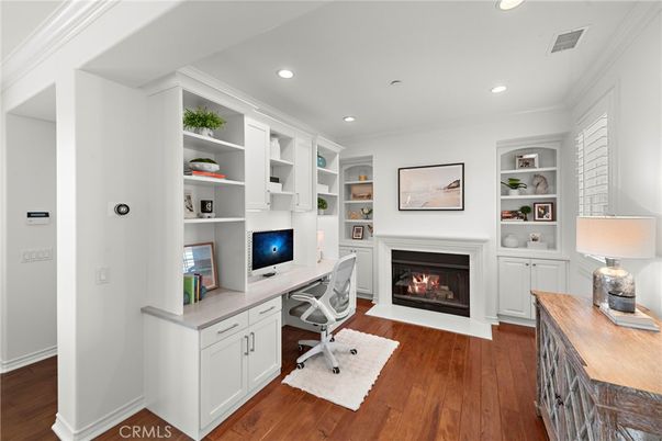 Fireplace, Home Office, Interior, Recessed Lighting, Wood Texture Flooring
