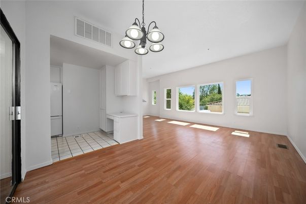Empty room, Interior, Kitchen, Pendant Lights, Wood Texture Flooring